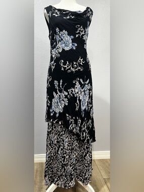 Y2K Vintage Paradise NY Sleeveless Black & Blue  Layered  Floral Maxi Dress XL